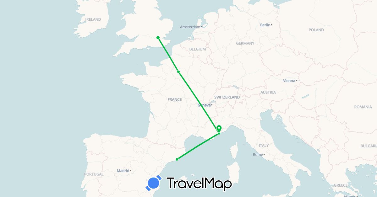 TravelMap itinerary: driving, bus in Spain, France, United Kingdom (Europe)